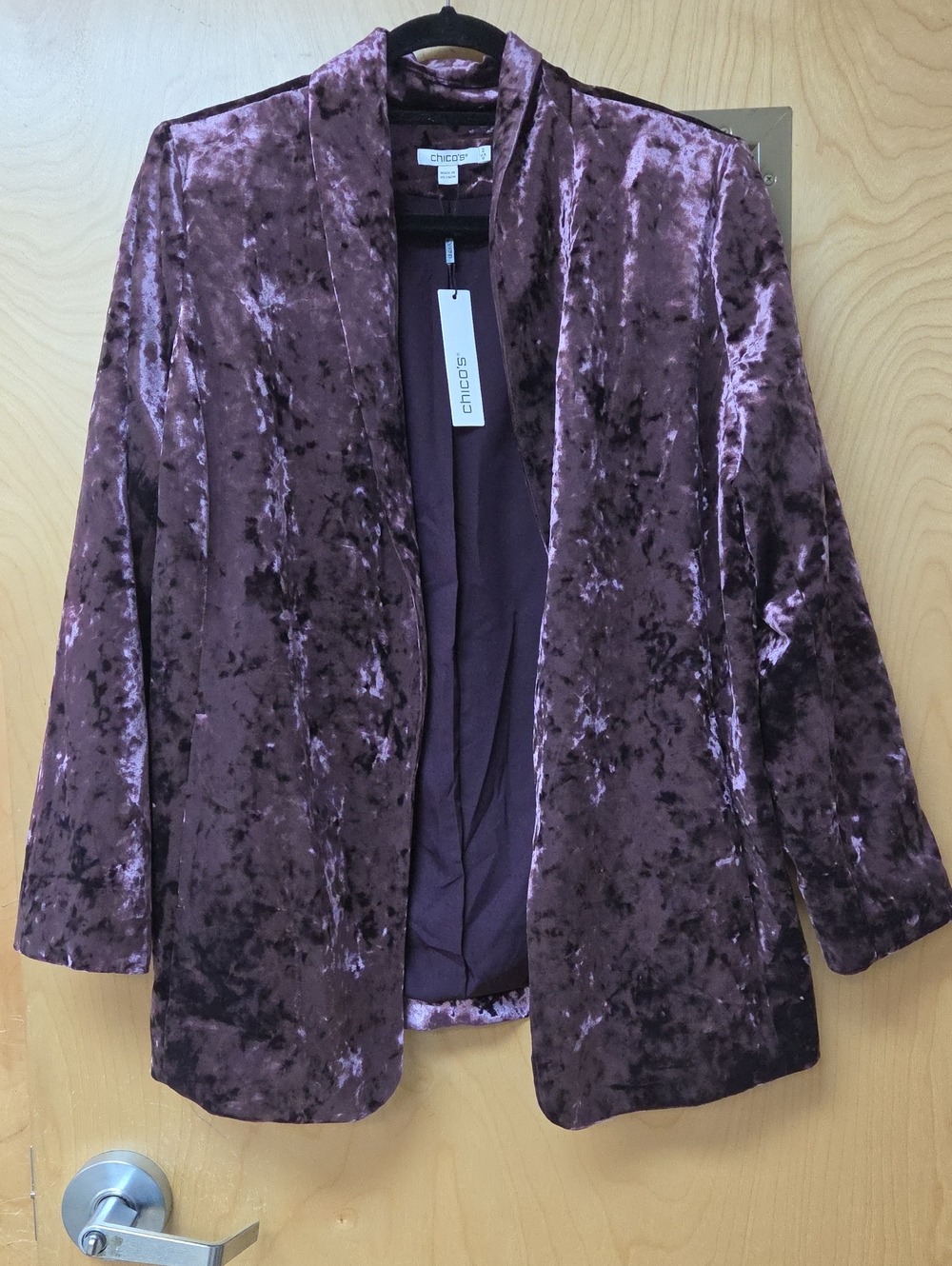 Chico's Crushed Velvet Open-Front Blazer in Plum